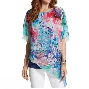 Chicos Floral Print Asymmetrical Hem Tunic Top Blouse Chicos Size 2 (Large)
